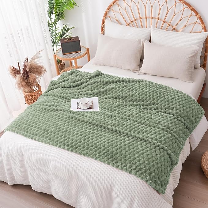 Vessia Flannel Fleece Throw Blanket, 3D Jacquard Sage Green Fuzzy and Warm Blanket for Couch, Sofa, Bed, 300GSM Super Soft Touch Cozy Home Decor for All Seasons (50x40 inches)