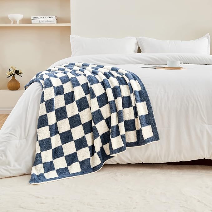 CozeCube Super Soft Fullfy Microfiber Reversible Knitted Blankets, Warm Cozy Fuzzy Plush Throw, Dusty Blue and White Checkered Throw Blanket for Couch Bed Sofa, 50" x 60"
