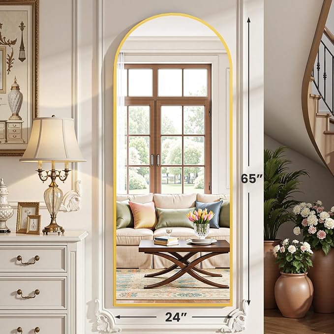 OLIXIS Arched Full Length Mirror for Bedroom, 65"x24" Full Body Mirror with Stand, Hanging or Leaning for Wall, Aluminum Alloy Thin Frame Floor Standing for Living Room, Long, Gold