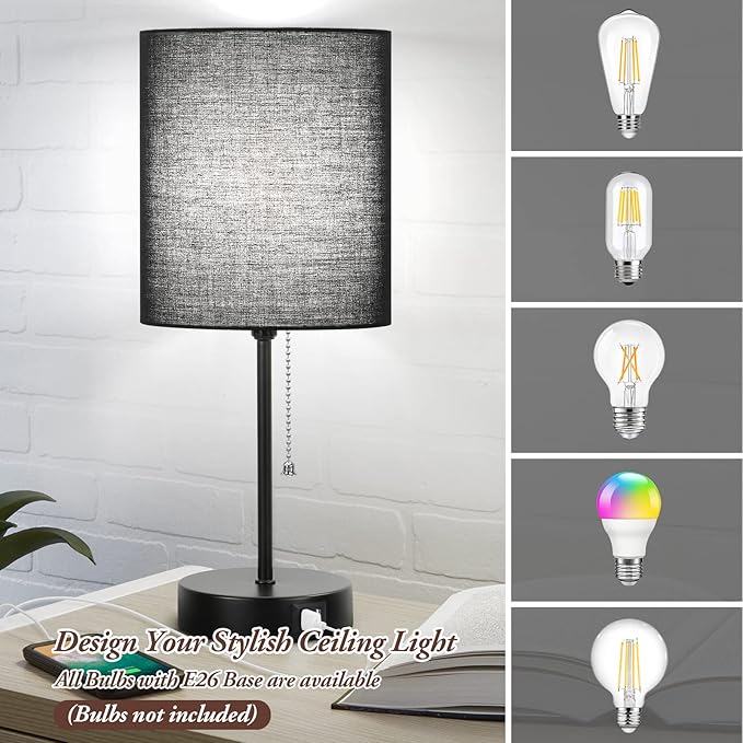 Table Lamps Set of 2 with USB Charging Ports, Black Bedside Lamps with AC Outlet, Nightstand Lamps with Pull Chain Switch, Minimalist Modern Desk Lamps with Fabric Shade for Living Room Bedroom Office