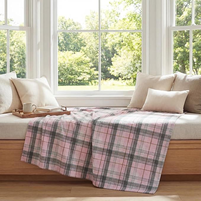 Horaldaily Pink Grey Farmhouse Plaid Spring Decorative Blanket Throw, Spring Summer Rustic Soft Lightweight Blanket for Couch Sofa Bed Lounging Decoration, Ideal Gifts for Kids Adults Self, 60x80