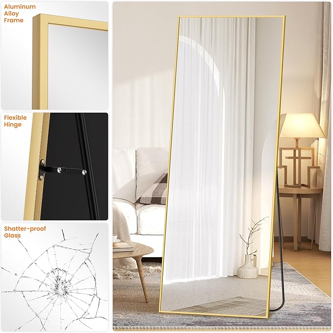 Full Length Standing Mirror, 70"x24" Gold Full Body Mirror with Aluminum Alloy Frame, Free Standing or Wall Mount for Bedroom, Living Room, Dressing Room