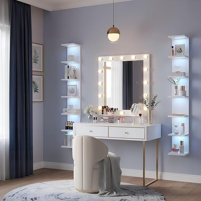 7 Tier Wall Shelf with Lights, White Lack Wall Shelf, Display Floating Shelves with Remote Control for Home Decor Bedroom Vanity