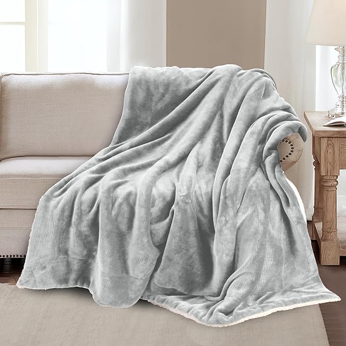 Mocassi Premium Ultra-Soft Velvet Touch Flannel Fleece Sherpa Throw - Warm Cozy Reversible Plush Micromink Throw Blanket for Couch, Bed and Sofa - Fluffy, Christmas Winter Bedding Gift, Silver Grey