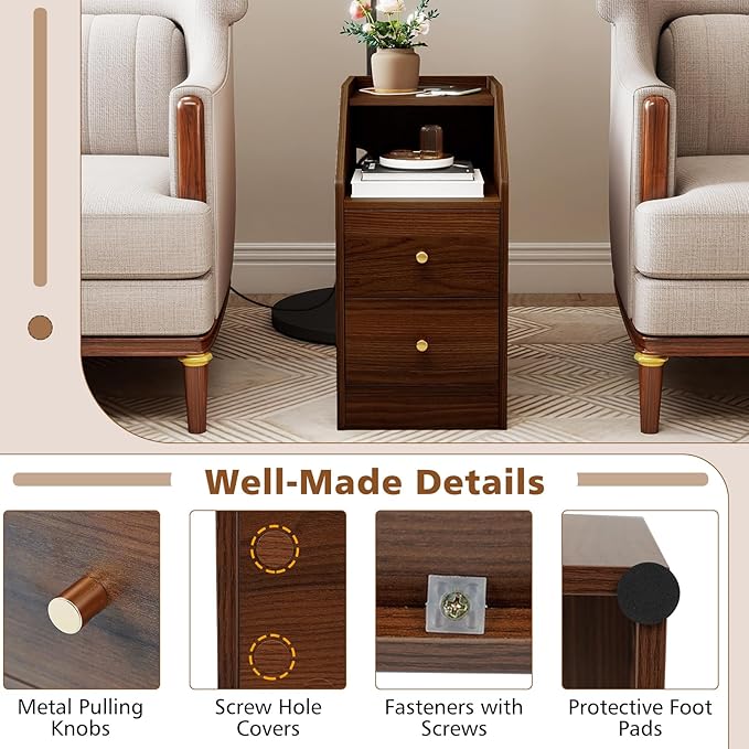 KOMFOTT Set of 2 Side Tables with Charging Station, End Tables with Storage Drawers, Sofa Couch Tables for Small Space, Modern Narrow Nightstands for Bedroom (Walnut,2)