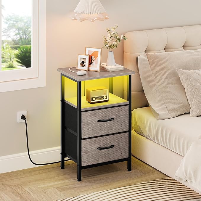 Vagusicc Night Stand Set 2, LED Nightstand with Charging Station, Bedside Table with USB Ports & Outlets, 24.2" Tall End Table with open Shelf, Bed Side Table with 2 Fabric Drawers for Bedroom, Greige