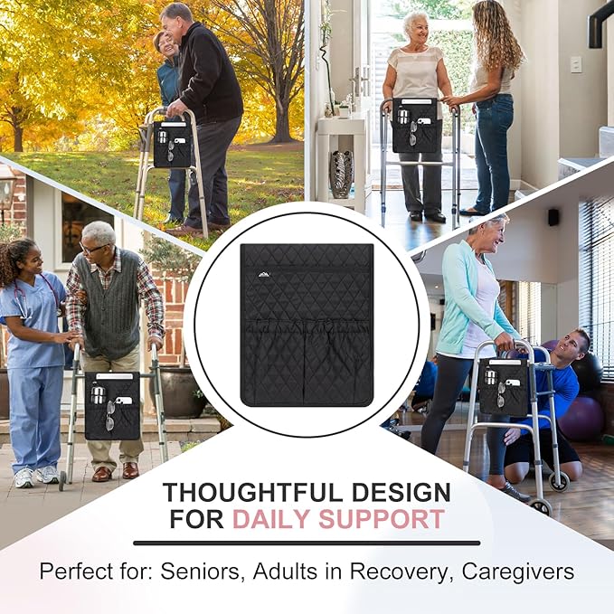 supregear Walker Bag, Universal Seniors Caddy Organizer with Multiple Pockets, Lightweight Accessories for Elderly, Rollators, Wheelchairs and Bedside Rails, Easy to Use Storage Pouch, Black