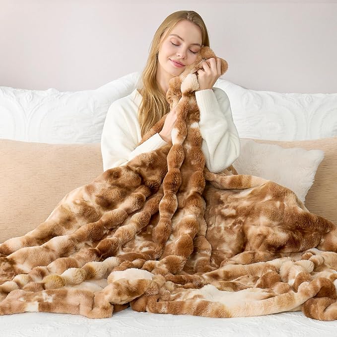 Cozy Bliss Deluxe Striped Rabbit Faux Fur Throw Blanket, Soft Fluffy Warm Plush Blanket for Winter, Modern Homr Decor, Tie-dye Brown 50"x60"