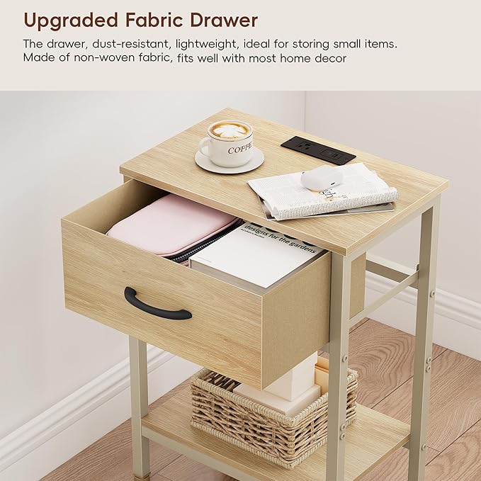 Vagusicc Nightstand with Charging Station, End Table with Fabric Drawer, Small Side Table with 2-Tier Storage Shelves, 25.4" Tall Night Stand, Bedside Table for Bedroom, Living Room, Dorm, Natural