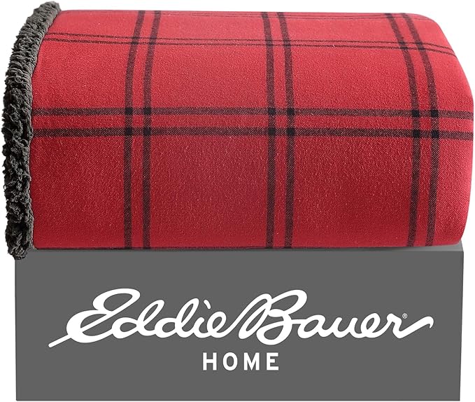Eddie Bauer - Throw Blanket, Soft & Reversible Cotton Flannel Bedding, Throw Blanket for Couch or Bed (Kettle Falls Red/Black, 50" x 60")