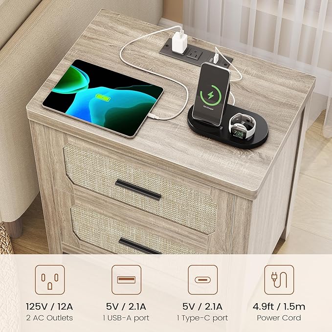 Rattan Nightstand with Charging Station, 22'' Wide Bedside Table with 2 Storage Drawers & Metal Handle, Boho Night Stand End Side Table for Bedroom, Grey Oak