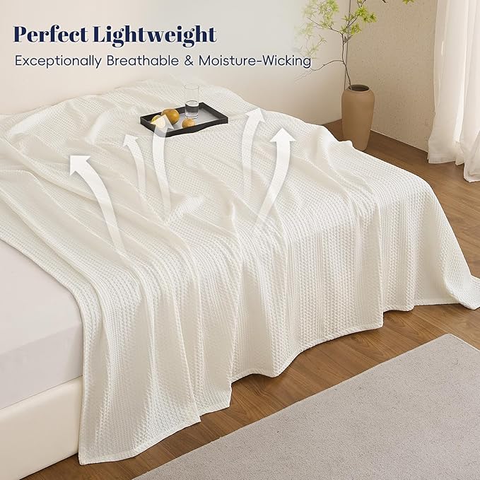 PHF Lightweight Waffle Weave Blanket King Size, Breathable & Ultra Soft, 104"x 90" Soft & Cozy Thin Blanket for All Season & Hot Sleepers, Bed, Home Decor - Coconut White