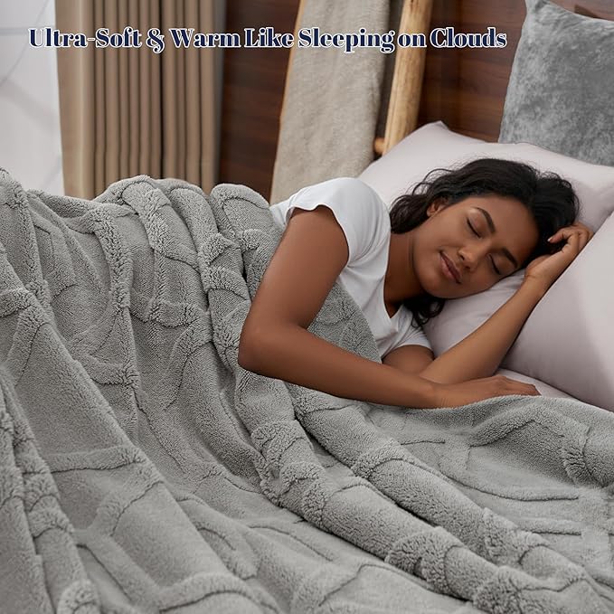 PHF Fluffy Sherpa Fleece Blanket Queen Size for Winter, Warm and Cozy, 510GSM 3D Tufted Shaggy Fleece Blanket for Sofa Bed, Grey, 90"x90"