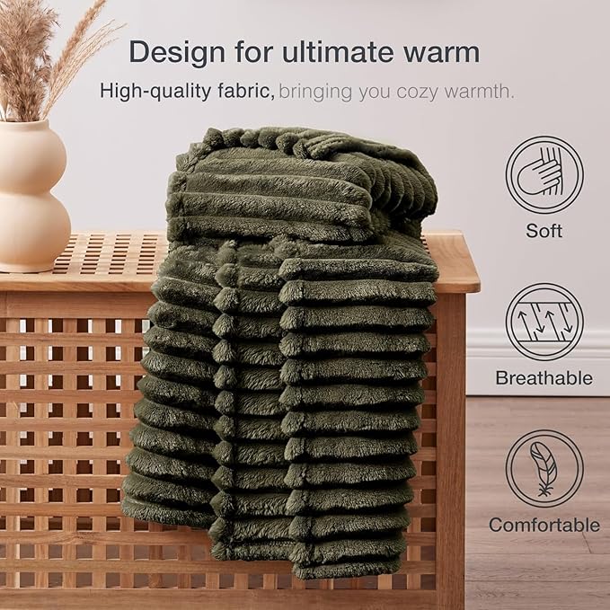 EXQ Home Fleece Throw Blanket for Couch or Bed - 3D Stripe Jacquard Decorative Blankets - Cozy Soft Lightweight Fuzzy Flannel Blanket Suitable for All Seasons(50"×60",Dark Green)