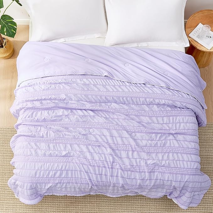 Cozy Bliss Seersucker Cooling Comforter King Size, Q-Max 0.45 Reversible Lightweight Cooling Blanket, Breathable Silk Smooth Summer Bedding Quilt for Hot Sleepers Night Sweats Purple