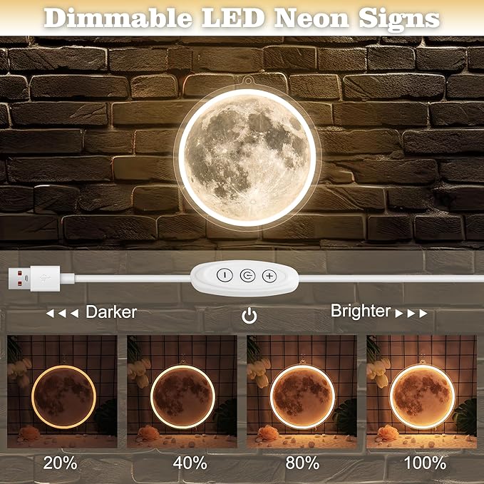 Moon Neon Signs for Wall Decor, Dimmable Neon Sign Moons Led Signs Moon Art Neon Lights for Living Room, Bedroom Gaming Room, Hotel Decor, Cool Birthday Gifts for Friends, Partner