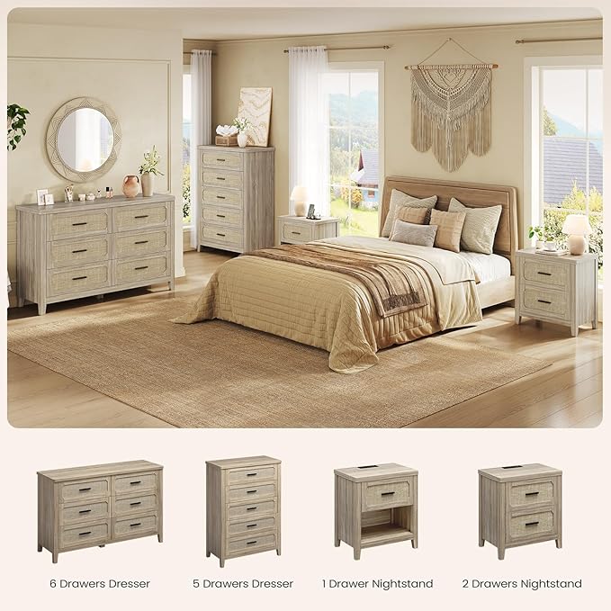 Rattan Nightstand Set of 2 with Charging Station, 22'' Wide Bedside Table with 2 Storage Drawers & Metal Handle, Boho Night Stand End Side Table for Bedroom, Grey Oak