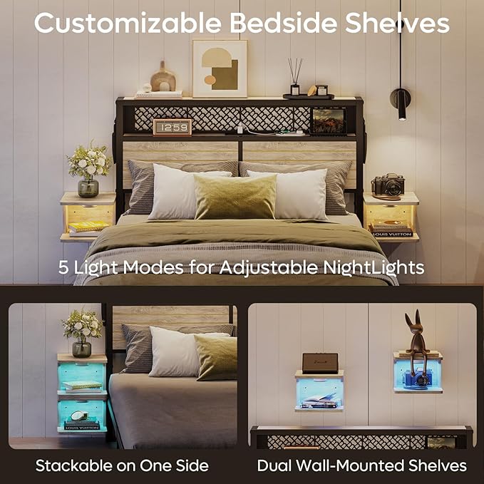 Bestier Full Bed Frame with Horizontal Golden Stripe Storage Headboard&LED Nightstands, Metal Platform Bed with Charging Station, Heavy Duty Metal Slats, No Box Spring Needed, Noise Free(Grey Oak)