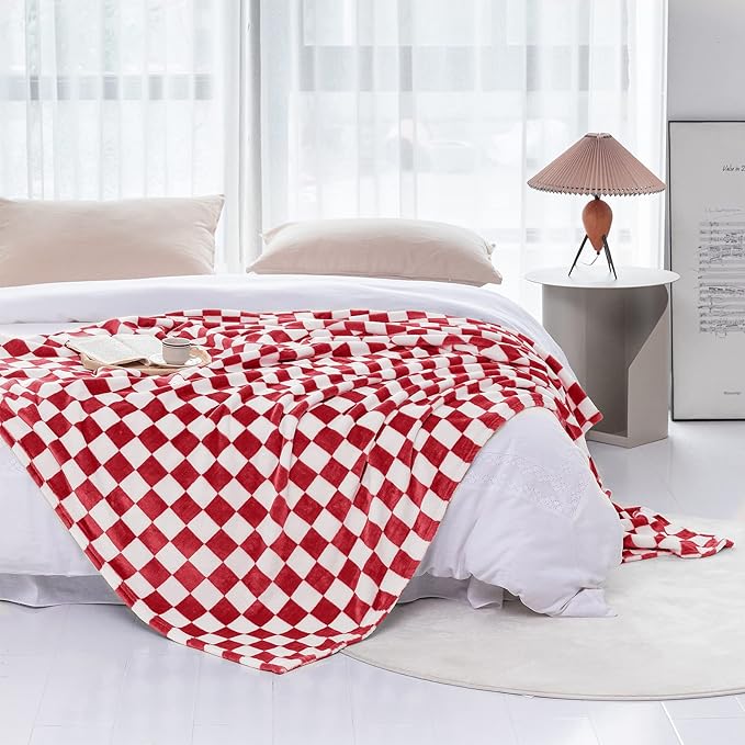 LOMAO Throw Blankets Flannel Blanket with Checkerboard Grid Pattern Soft Throw Blanket for Couch, Bed, Sofa Luxurious Warm and Cozy for All Seasons (Red, 40"x60")