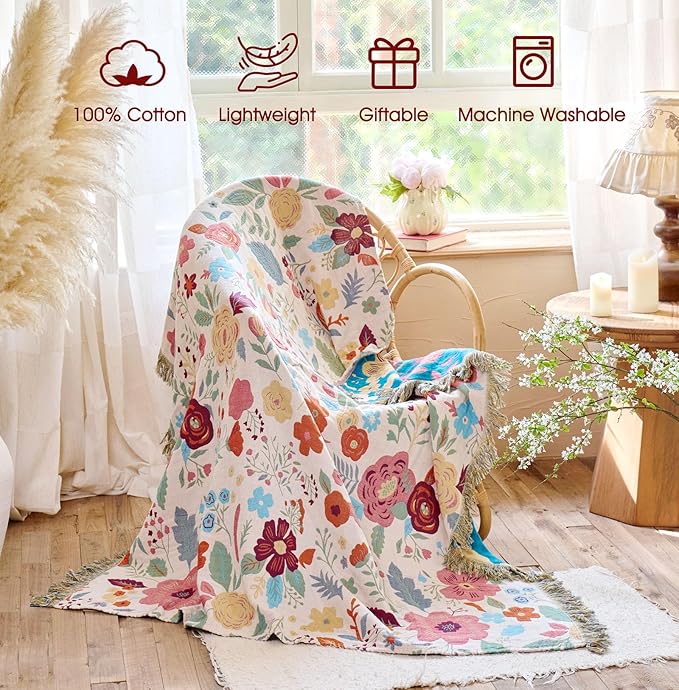 Boho Throw Blanket - 100% Cotton Soft Breathable Throw Spring Blankets, 50"x60" 4-Layer Lightweight Muslin Cotton Quilt, Floral Printed Bohemian Decor Throw Blankets for All Season
