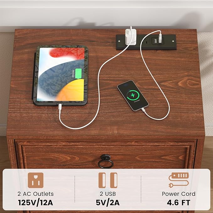 Farmhouse Nightstand with Charging Station, 21.7" Wide End Table with 3 Drawers, Cherry Wood Side Table, Bedside Table for Bedroom, Living Room, Sofa
