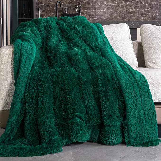 Pawque Faux Fur Blankets Queen Size 90x90 Inches, Soft Fuzzy Fluffy Blanket, Warm Thick Sherpa Long Hair Shag Reversible Lightweight Cozy Throw for Bedroom Sofa Couch, Green