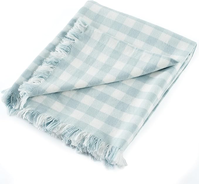 100% Cotton Throw Blanket Plaid Soft Lightweight Cozy Farmhouse Tassels Summer Thin Breathable Throws for Couch Sofa Bed (50" × 60" Blue)