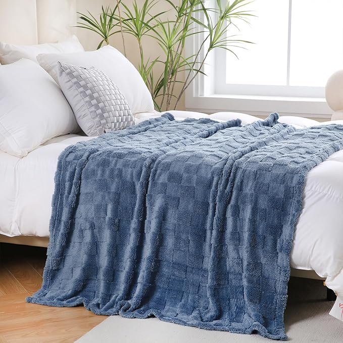Dusty Blue Fleece Throw Blanket 50”×60” for Couch Sofa Bed,Super Soft Cozy Plush Microfiber Flannel Blanket with 3D Checkered Design Lightweight for Adults,Woman,Girls