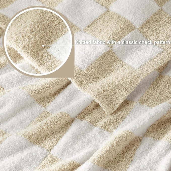 Whale Flotilla Checkered Knit Blanket Twin Size, Ultra Soft Warm Reversible Cozy Decorative Blankets for Couch Sofa and Bed, 60x80 Inch, Camel
