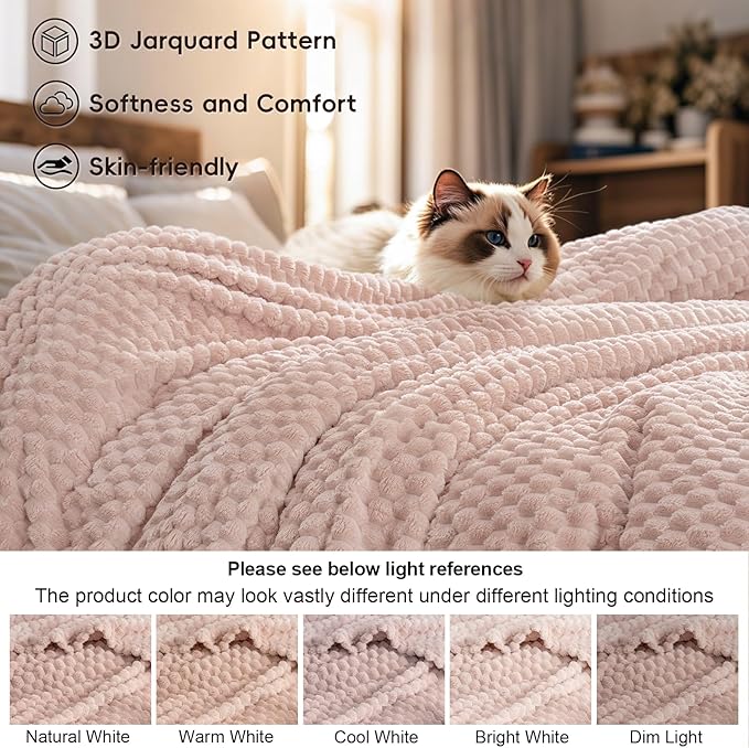 PHF Ultra Soft Flannel Fleece Blanket Queen Size, Lightweight 3D Jacquard Fleece Blanket, No Shedding, No Pilling, Luxury 340GSM Aesthetic Fluffy Cozy for Bed Room Decor, 90"x90", Rose Smoke
