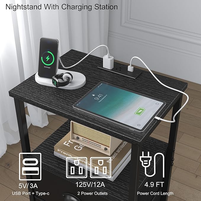 Nightstand with Charging Station, LED Night Stand Set 2, Bedside Table End Table Set of 2, Bedroom Table with 2 Fabric Drawers PU Finish, 3-Tier Storage Side Table for Bedroom,Black