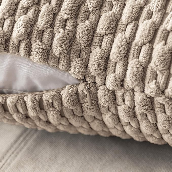MIULEE Pack of 2 Decorative Throw Pillow Covers 18x18 Inch Soft Boho Striped Textured Corduroy Pillow Covers Modern Farmhouse Home Decor for Couch Bed Sofa Living Room Neutral Light Brown