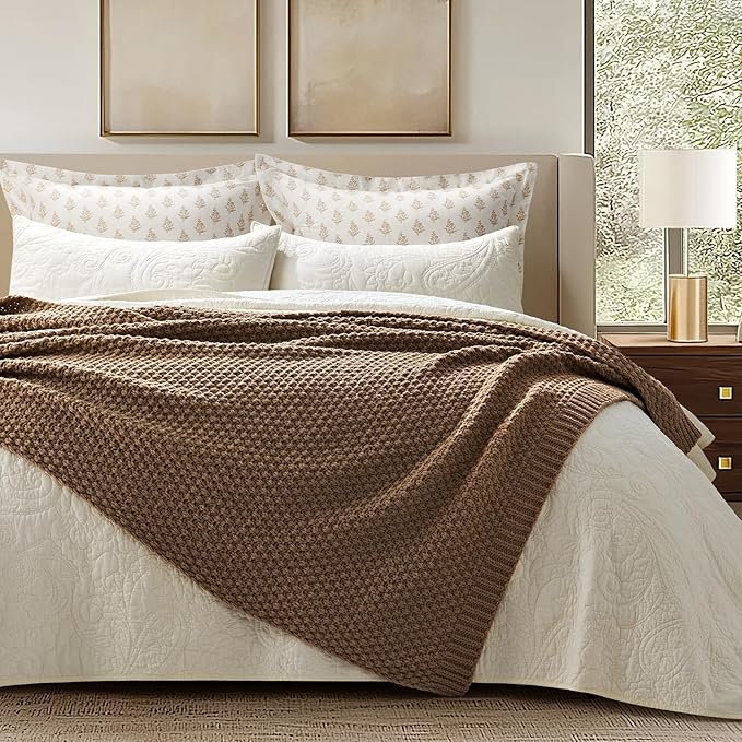 EVERGRACEHOME Chunky Chenille Knit Throw Blanket for Couch, Soft Luxurious Moss Stitch Blankets for Bed, Cozy Decorative Farmhouse Knitted Throws for Sofa, Camel Brown, 50" x 60"