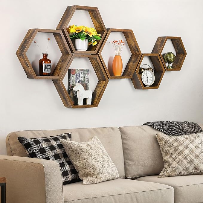YBING Hexagon Shelves for Wall, Wood Honeycomb Floating Shelves Set of 6,Farmhouse Hexagonal Decorative Storage Shelf MDF for Living Room Bedroom Brown