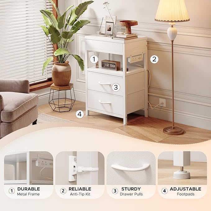 Nightstand Bedside Table Hidden Drawer - Night Stand with Charging Station and Sliding Top Storage, Bed Side Table with 2 Fabric Drawers, Modern Nightstand for Bedroom Dorm Living Room, White