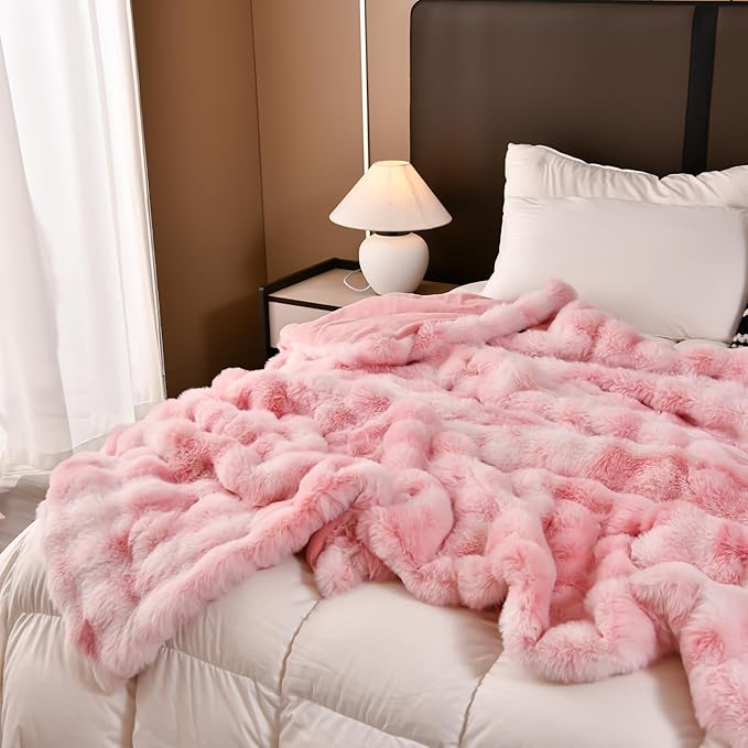 H&D Faux Fur Throw Blanket for Couch,Fluffy Cozy Soft Plush Luxury Thick Fuzzy Fleece Blanket for Couch Bed Sofa Bedroom Living Room,Comfy Bubble Blanket