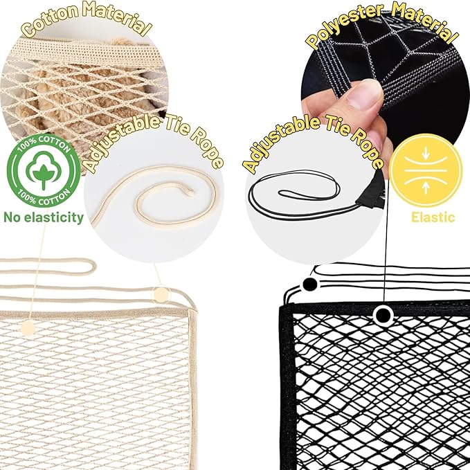 2 Pack Stuffed Animal Storage Net for Kids, Bedside Toy Organizer Net - Neatly Store Your Stuffed Animals, Cotton Bedside Stuffed Animal Storage Net with Tether, Stretches up to 35 Inches, Beige