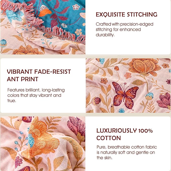 Boho Throw Blanket - 100% Cotton Ultra Soft Muslin Blanket, 60"x80" Lightweight Floral Butterfly Framhouse Bedding Spring Blanket for Bed, All Season Beige Bohemian Bedroom Home Decor Quilt