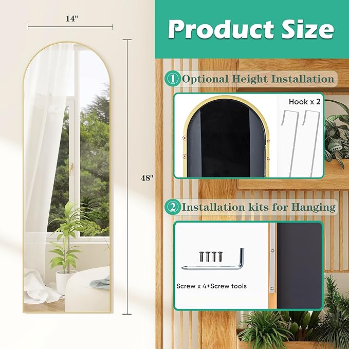 TinyTimes Over The Door Mirror Full Length,48"x14"Door Hanging Mirror Full Length Arch Mirror,Behind The Door Wall Mirror,Back of Door Mirrors for Closet Bedroom Living Room (Gold)
