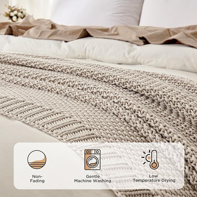 Joydeco Chunky Cable Knit Throw Blanket, Lightweight 100% Organic Cotton Soft Cozy Throw Twin Blanket for Couch Bed and Sofa, Rustic Breathable Farmhouse Blanket Gift for Women Men(Beige, 60"x80")
