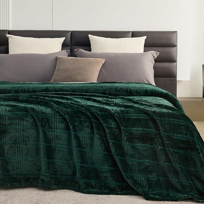 Super Soft Flannel Queen Blanket 90x90 Inches, Premium Checkered Jacquaed Silky Fleece Lightweight Bed Blanket All Season Use, Dark Green Strip, 90"x90"