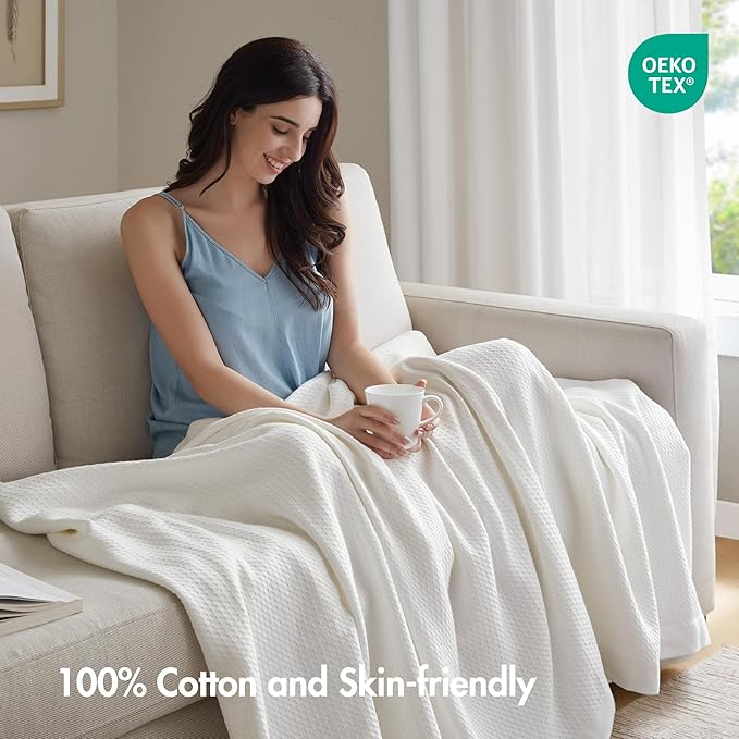Madison Park 100% Egyptian Cotton Lightweight Summer Blanket, Breathable Waffle Knit Design, Soft Cozy All-Season Throw for Bed, Couch or Sofa, White Twin Size (66"x90")