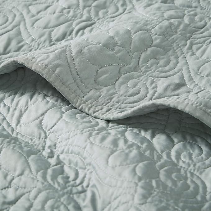 Madison Park Throw Blanket - Reversible Damask Quilting Design, Soft Pre-washed Microfiber, Cotton Filled Spread, Cozy Summer Blanket - Throw for Living Room Couch, Sofa, Bed, Quebec, 60x70", Seafoam