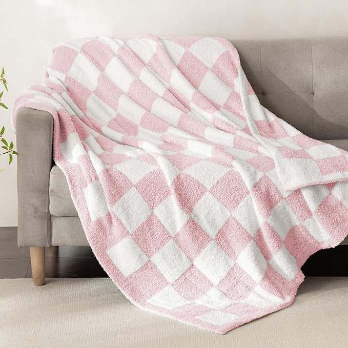 Whale Flotilla Checkered Knit Throw Blanket, Ultra Soft Warm Reversible Cozy Decorative Blankets for Couch Sofa and Bed, 50x60 Inch, Pink