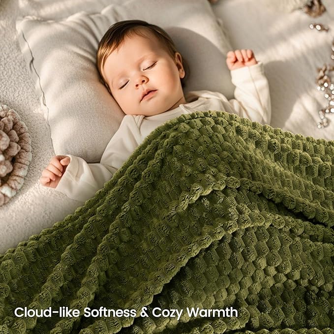 David's Home Ultra Cozy Fleece Blanket Throw Size, Fluffy Soft Lightweight 3D Jacquard Flannel Breathable Blanket Durable for All Seasons, Elegant Layer for Bed Couch Home Room Decor, Olive Green