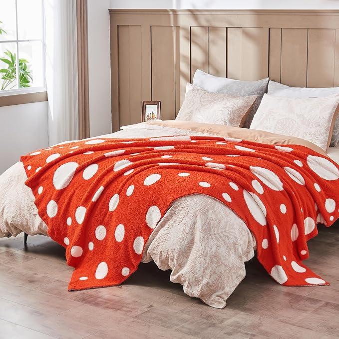 CozeCube Super Soft Fullfy Microfiber Reversible Knitted Blankets, Warm Cozy Fuzzy Plush Throw, Orange red and White Polka Dot Throw Blanket for Couch Bed Sofa, 60" x 80"