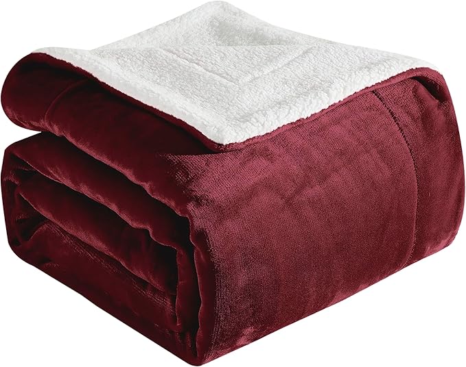 Elegant Comfort Ultra Soft Reversible Flannel Sherpa Blanket - Cozy Silky Fleece Throw for Couch, Bed - Plush Fuzzy Warm Winter Blanket for Gift, Twin XL, Burgundy