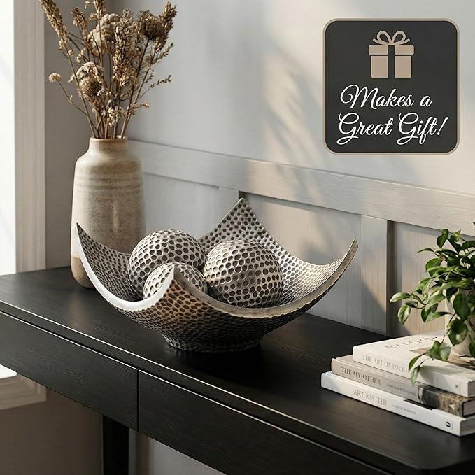 Seraphic 5pc Bowl Table Centerpieces for Dining Room, Large Decorative Bowls for Coffee Table Decor, Kitchen, Orbs/Balls Included, Silver