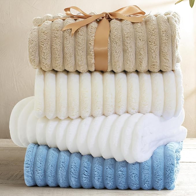 decorUhome Soft Fleece White Blanket Queen Size for Bed, Cozy Fluffy Plush Flannel Large Striped Throws for Couch Sofa, Lightweight Decorative Fuzzy Blanket for Woman, 90x90 Inches