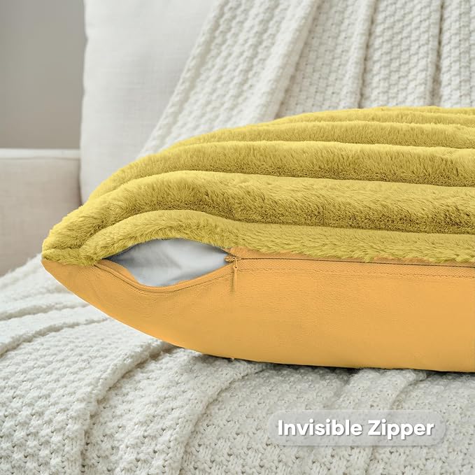 FUTEI Mustard Yellow Decorative Throw Pillow Covers Set of 2, 22x22 Inch Soft Fluffy Faux Fur Plush Striped Cushion Cases, Modern Home Decor for Couch Bed Living Room